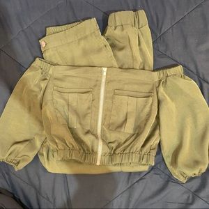 Army Green Crop Top Pants Set